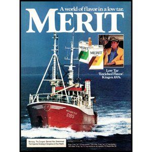 1984 Merit Cigarettes Vintage Print Ad Westward Isle Ship Sailor Hat Wall Art
